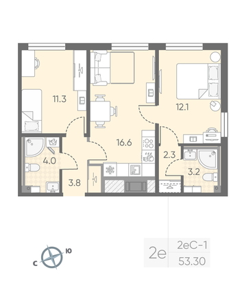 53,3 м², 2-комн. квартира, 10/25 этаж