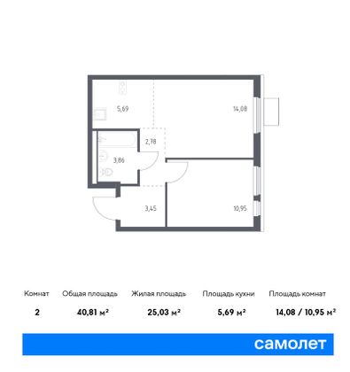 40,8 м², 2-комн. квартира, 8/17 этаж