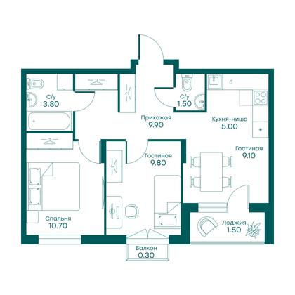 51,6 м², 3-комн. квартира, 2/6 этаж