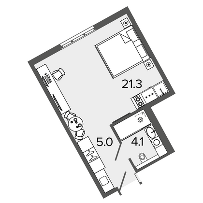 29,7 м², студия, 13/16 этаж