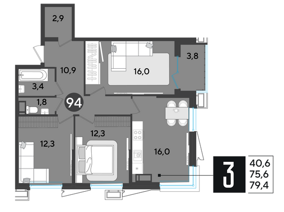 Продажа 3-комнатной квартиры 79,4 м², 12/18 этаж