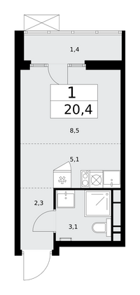 20,4 м², 1-комн. квартира, 13/16 этаж