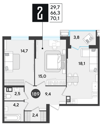 Продажа 2-комнатной квартиры 70,1 м², 4/9 этаж