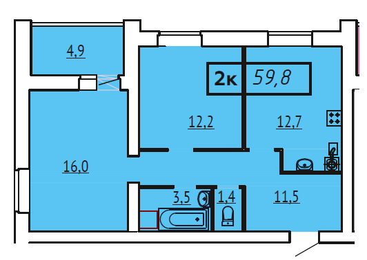 Продажа 2-комнатной квартиры 59,8 м², 8/9 этаж