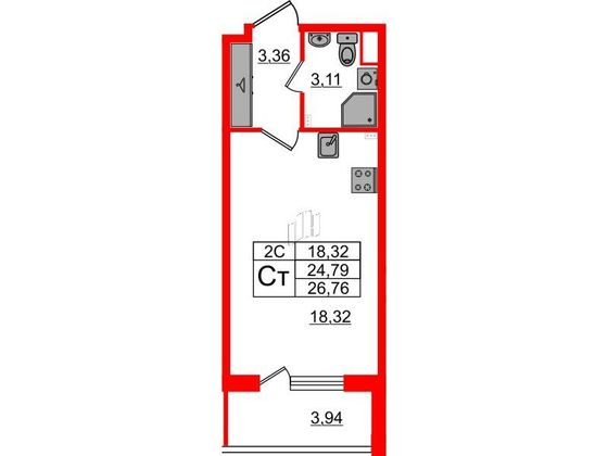 Продажа квартиры-студии 24,8 м², 2/5 этаж