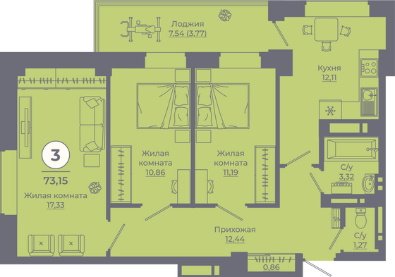 Продажа 3-комнатной квартиры 73,2 м², 6/24 этаж