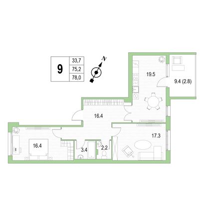 Продажа 2-комнатной квартиры 78 м², 3/4 этаж