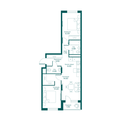 59,3 м², 3-комн. квартира, 3/6 этаж