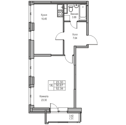 Продажа 1-комнатной квартиры 50,7 м², 2/23 этаж