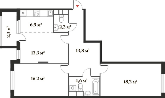 74,6 м², 3-комн. квартира, 2/6 этаж