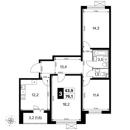 76,1 м², 3-комн. квартира, 20/22 этаж