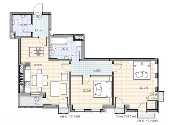 90,1 м², 2-комн. квартира, 3/7 этаж