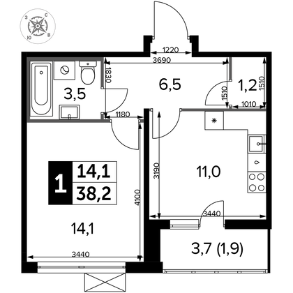 38,2 м², 1-комн. квартира, 12/12 этаж