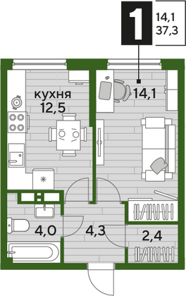 Продажа 1-комнатной квартиры 37,3 м², 11/16 этаж