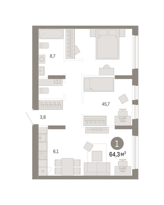Продажа 1-комнатной квартиры 64,3 м², 5/9 этаж