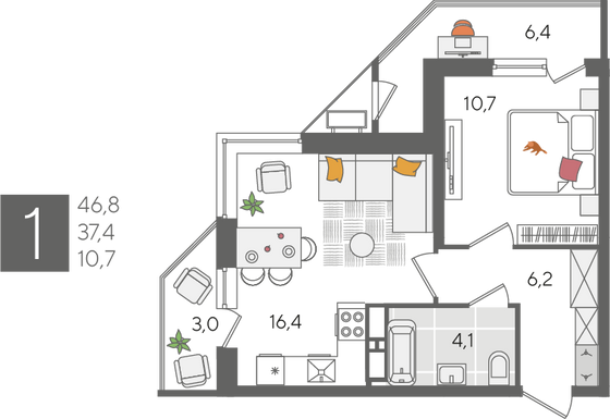 Продажа 1-комнатной квартиры 46,8 м², 24/24 этаж