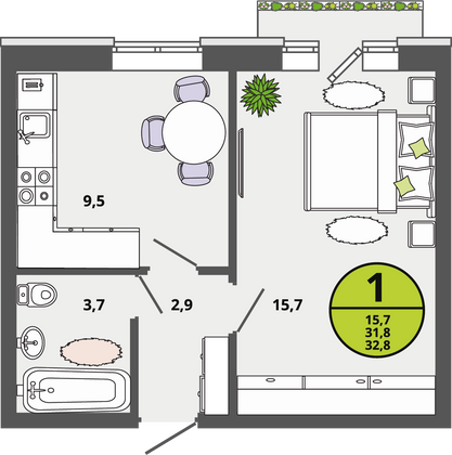 31,8 м², 1-комн. квартира, 3/3 этаж