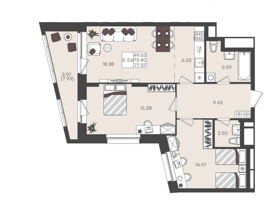 Продажа 3-комнатной квартиры 77,4 м², 14/22 этаж