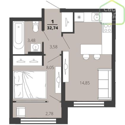 Продажа 1-комнатной квартиры 33 м², 16/17 этаж