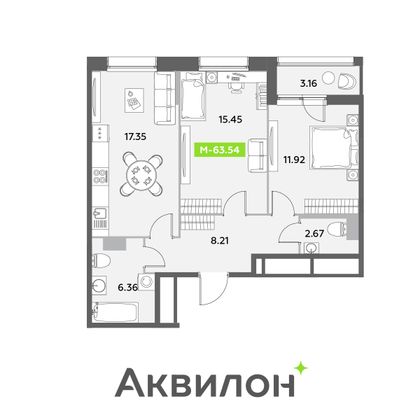 63,5 м², 2-комн. квартира, 9/12 этаж