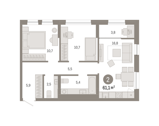 61,1 м², 2-комн. квартира, 10/17 этаж