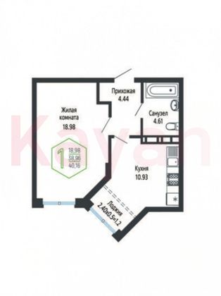 Продажа 1-комнатной квартиры 40,2 м², 9/16 этаж