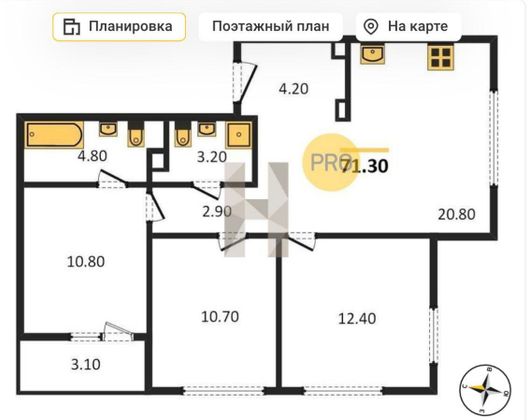 Продажа 4-комнатной квартиры 71,3 м², 1/15 этаж