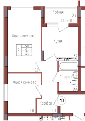 44,3 м², 2-комн. квартира, 2/9 этаж