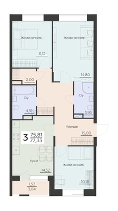 Продажа 3-комнатной квартиры 77,3 м², 6 этаж