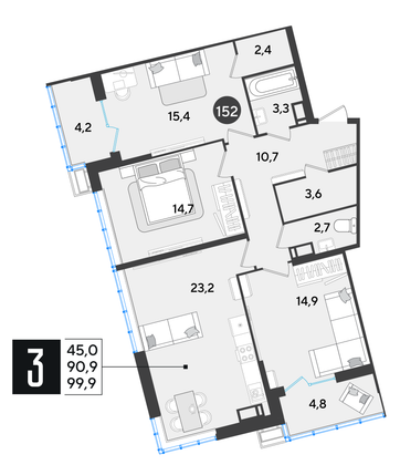 Продажа 3-комнатной квартиры 99,9 м², 17/18 этаж