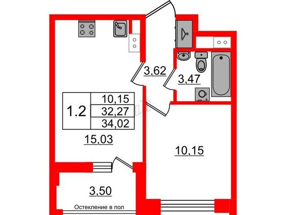 Продажа 1-комнатной квартиры 32,3 м², 2/12 этаж