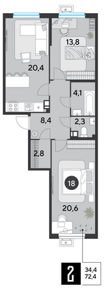 Продажа 2-комнатной квартиры 72,4 м², 3/16 этаж