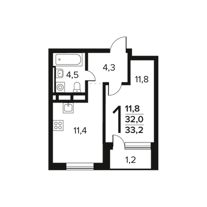 Продажа 1-комнатной квартиры 33,2 м², 2/11 этаж