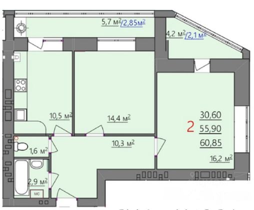 Продажа 2-комнатной квартиры 55,9 м², 3/8 этаж