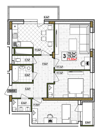 Продажа 3-комнатной квартиры 73,5 м², 16/17 этаж