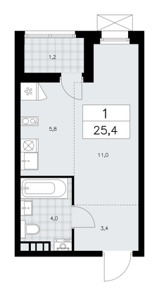 25,4 м², своб. планировка, 4/12 этаж