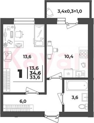 Продажа 1-комнатной квартиры 33,6 м², 3/5 этаж