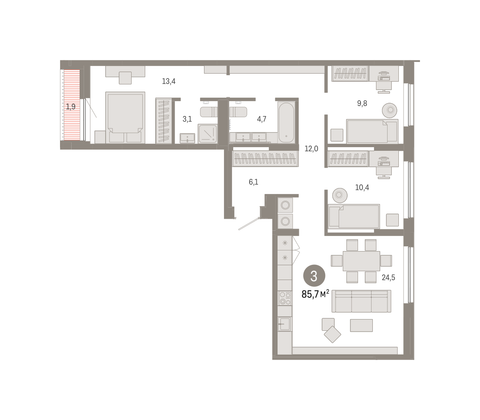 Продажа 3-комнатной квартиры 85,7 м², 2/7 этаж