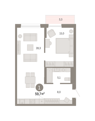 Продажа 1-комнатной квартиры 59,7 м², 6/17 этаж
