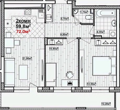 Продажа 2-комнатной квартиры 72 м², 9/19 этаж