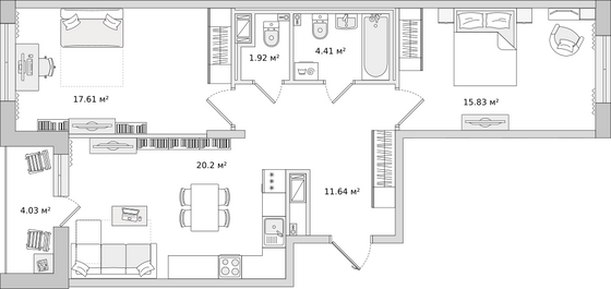 75,6 м², 2-комн. квартира, 2/16 этаж