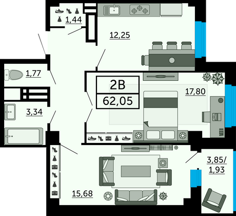 62 м², 2-комн. квартира, 20/26 этаж