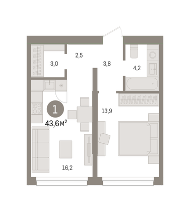 Продажа 1-комнатной квартиры 43,6 м², 2/6 этаж