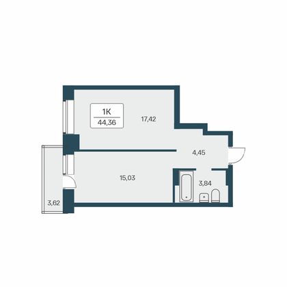 44,4 м², 1-комн. квартира, 24/27 этаж