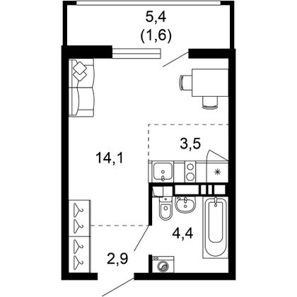 26,5 м², 1-комн. квартира, 11/17 этаж