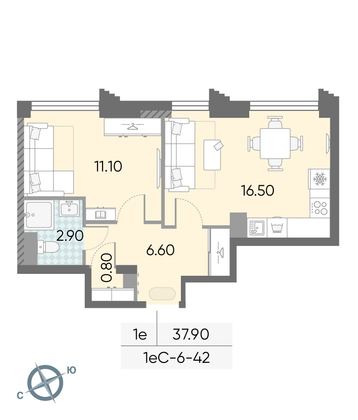 Продажа 1-комнатной квартиры 37,9 м², 42/58 этаж