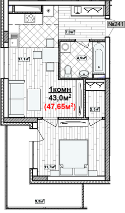 Продажа 1-комнатной квартиры 47,7 м², 13/19 этаж