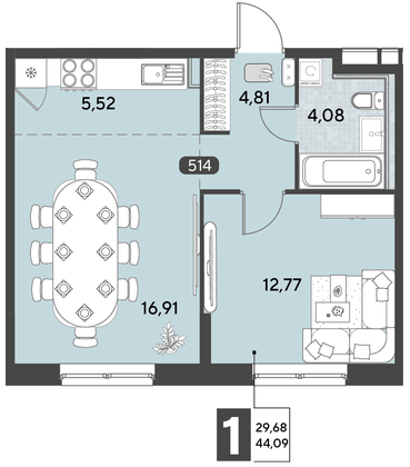 Продажа 2-комнатной квартиры 44,1 м², 18/21 этаж