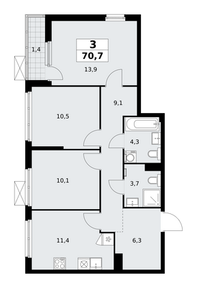 70,7 м², своб. планировка, 9/11 этаж