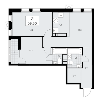 59,8 м², своб. планировка, 18/18 этаж